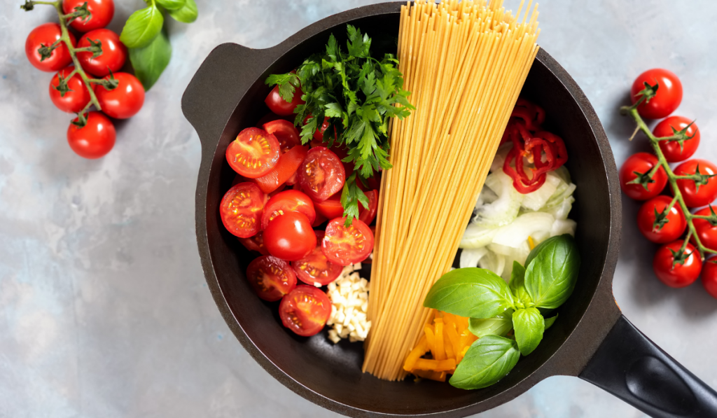 One pot pasta dish seeing from above