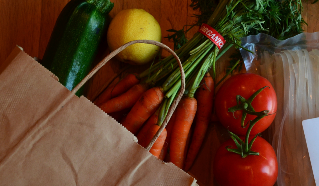 bag of groceries in the table