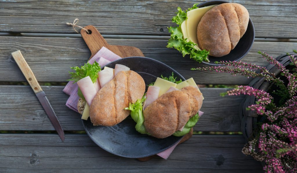 baguette with ham, cheese and lettuce