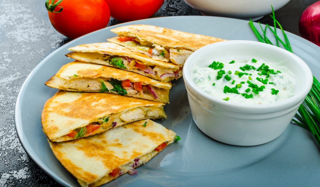 chicken quesadilla and sour cream-chive dip 