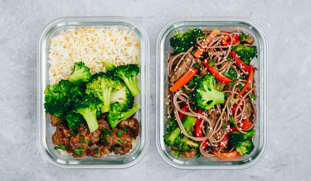 Beef and broccoli stir fry meal prep lunch box containers with rice or noodles
